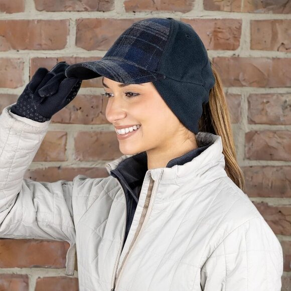 〽️Women’s Blue Plaid Winter Ponytail Trucker Hat with Drop-Down Ear Warmers main image 5